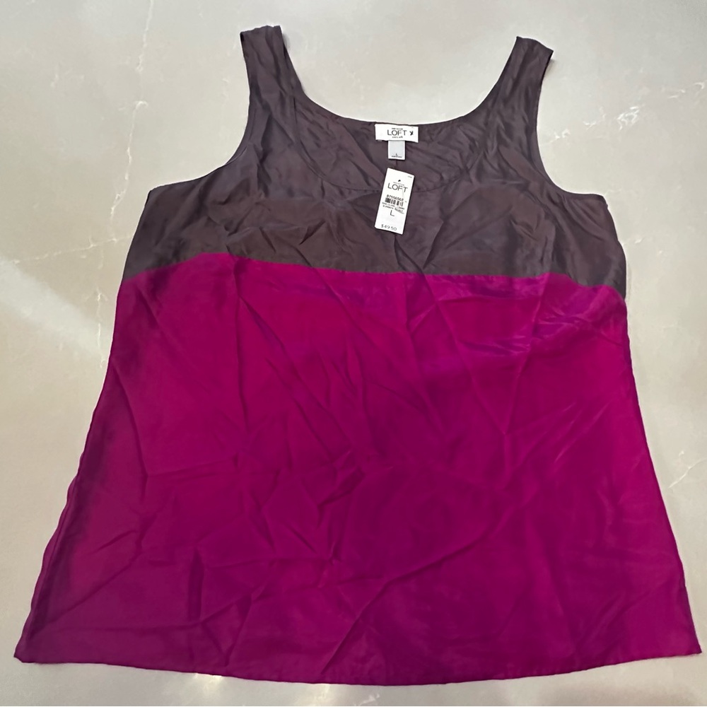 NWT LOFT Women's Fuchsia and Grey Tank 100% Silk, Large